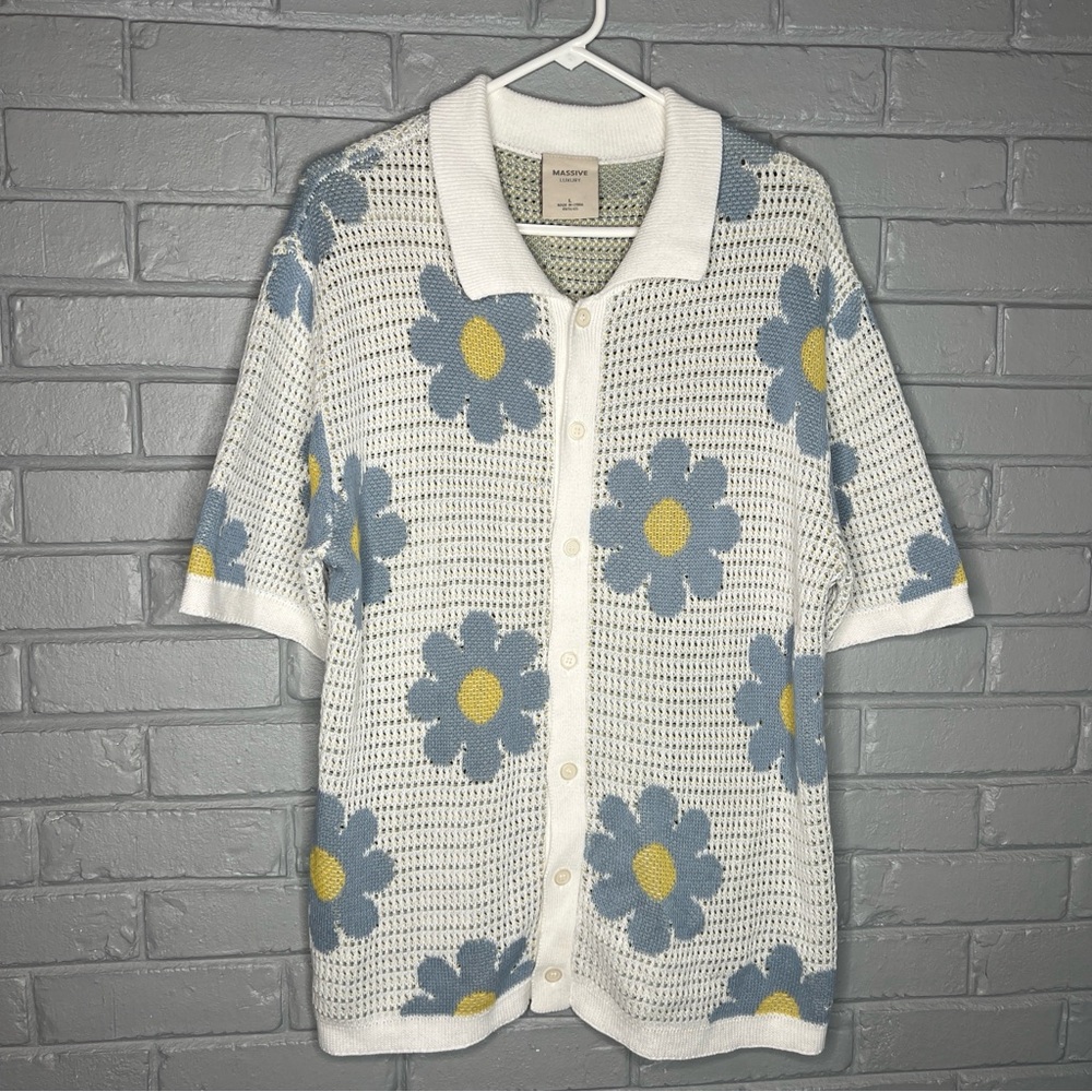 Massive Luxury Sweater Mens Large Knit Crochet Floral Cotton